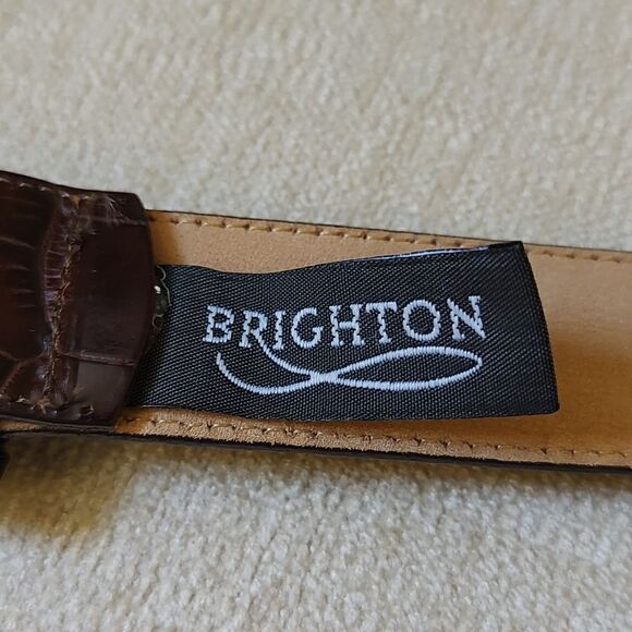 Brighton Croc Embossed Brown Leather Belt Silver Tone Buckle Size L - Picture 3 of 11